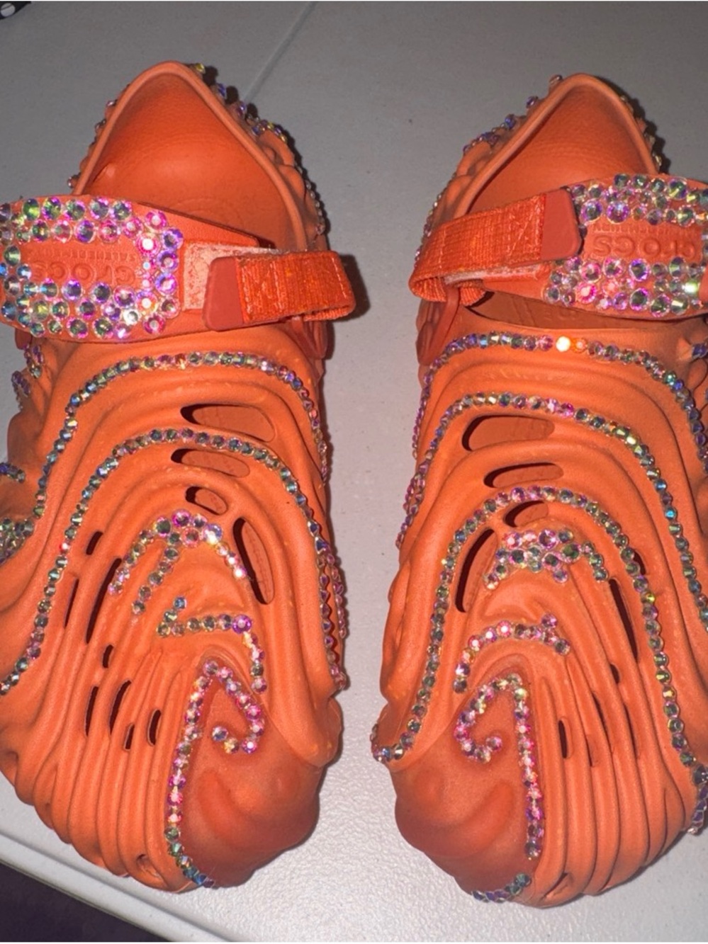 CROCS Orange Jeweled Foam Flats with Hook Strap